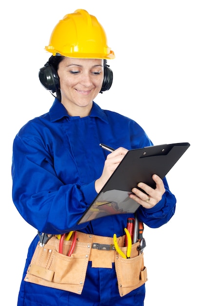 Lady construction worker a over white background with notepad 