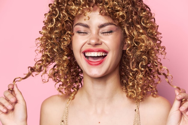 Lady curly hair Big smile closed eyes fun lifestyle