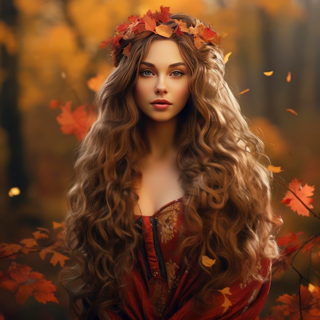 A lady dressed in autumn with her long hair