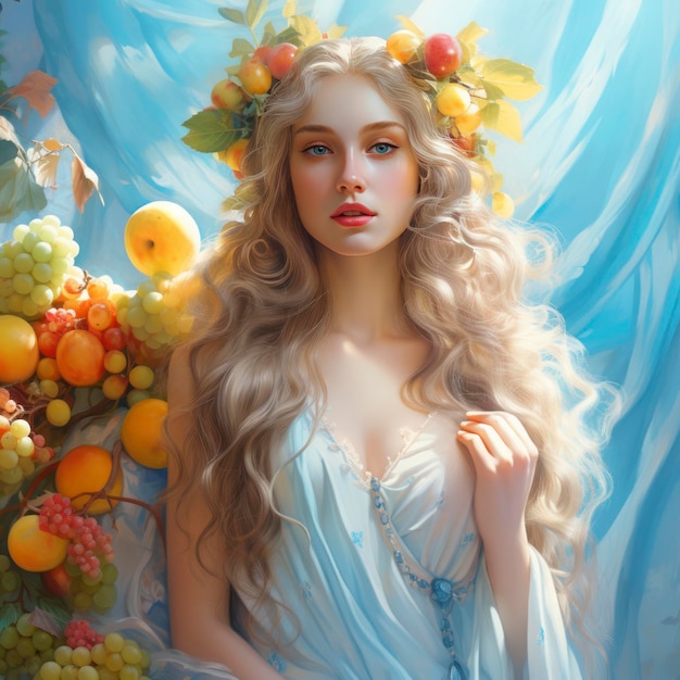 A lady dressed in light blue with her long hair 8k with fruit