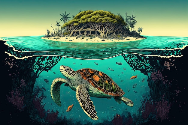 На острове Леди Эллиот черепаха ныряет обратно к рифу в небольшой лагуне.