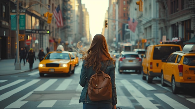 A lady flagging down a cab on urban pavement