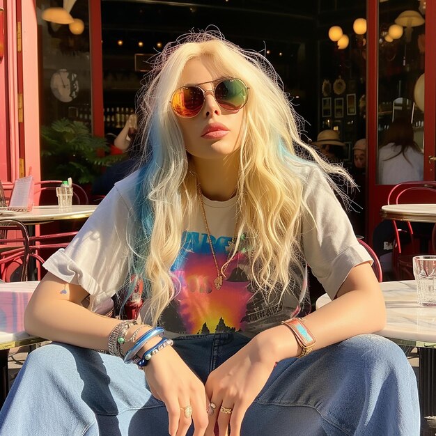 Photo lady gaga at an outside cafe in jeans and a tshirt iphone color photo