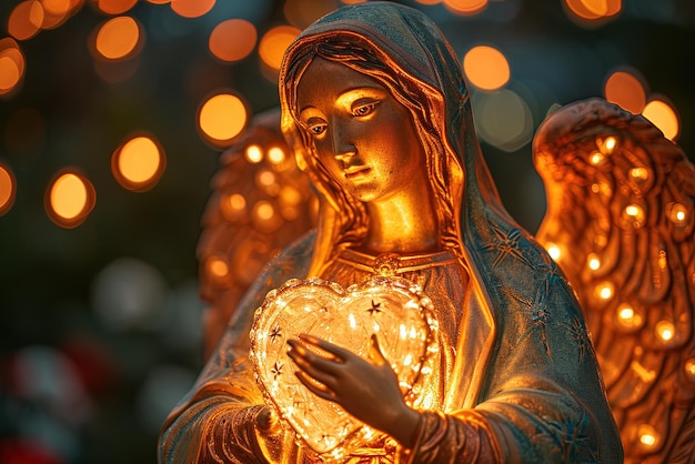 Foto il cuore esposto della madonna di guadalupes irradia una calda luce dorata