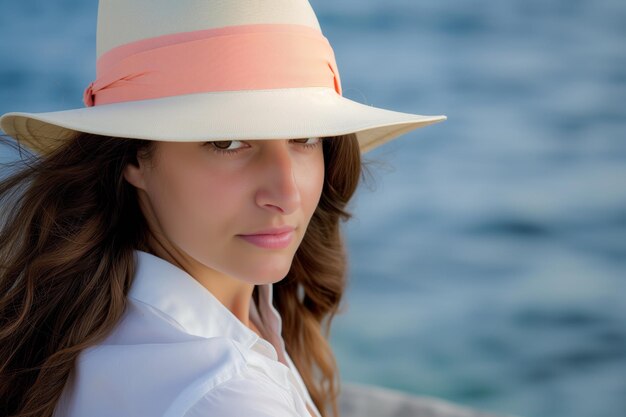 Foto donna con il cappello e la fascia di pesche