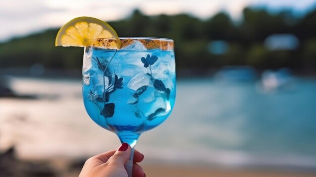 A lady holding a blue refreshing cocktail while standing on the beach GENERATE AI