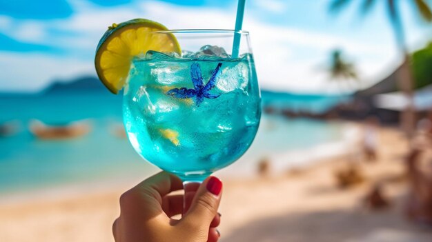 A lady holding a blue refreshing cocktail while standing on the beach GENERATE AI