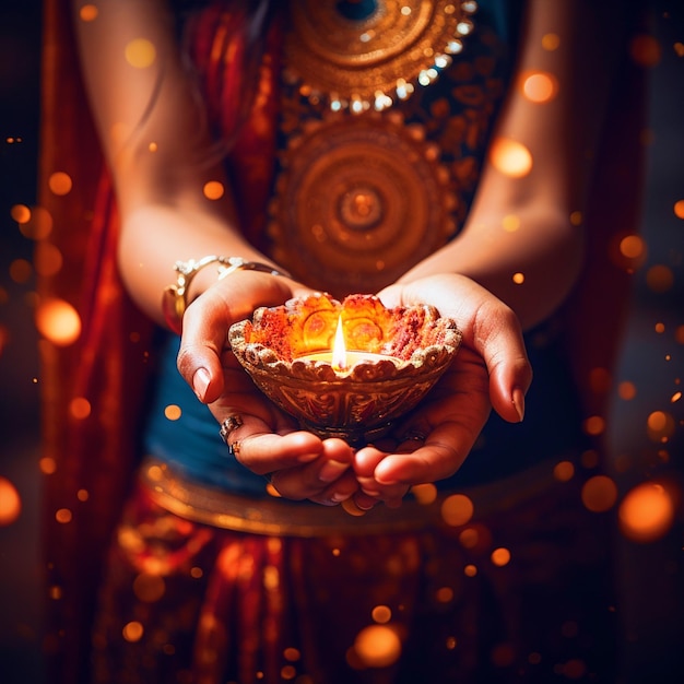 Photo lady holding diya in hands happy diwali background