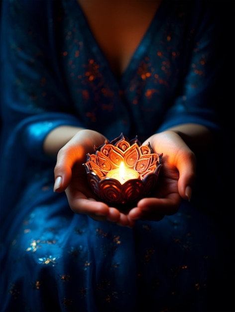 Lady holding diya in hands happy diwali background