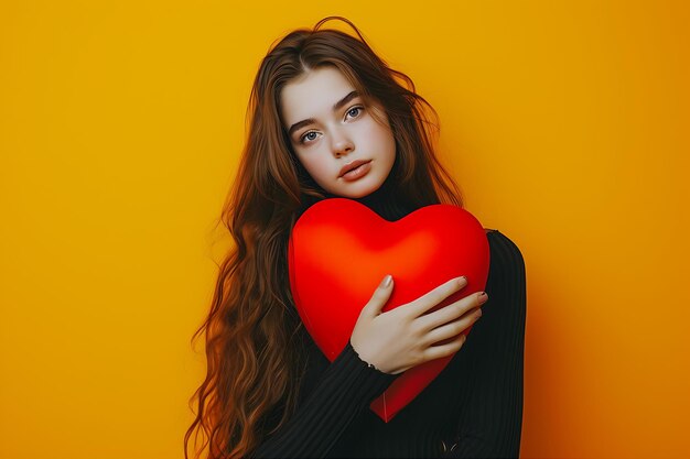 Lady Holds Big Red Heart Vibrant Background