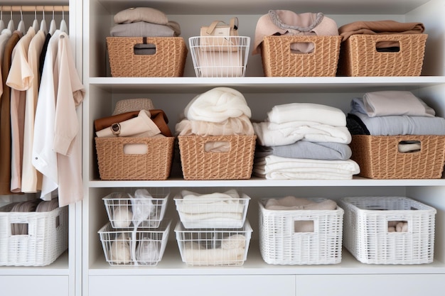 A lady is arranging garments neatly on shelves inside an open white wardrobe and folding laundry int...