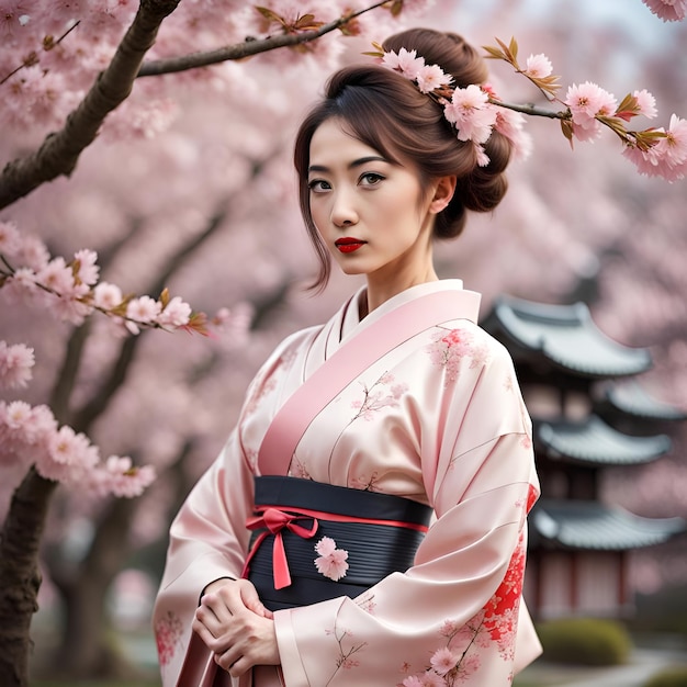 lady in japanese style outfit cherry blossom background