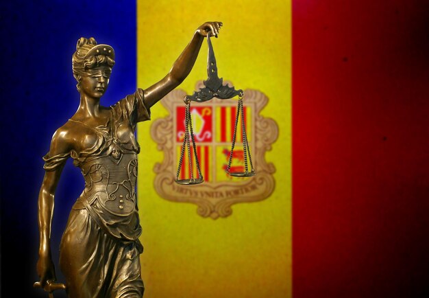 Lady Justice against an Andorran flag