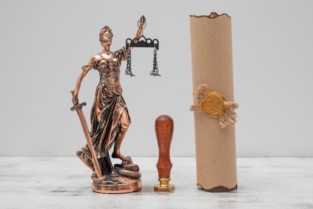 Lady Justice parchment scroll with seal and stamp on an old wooden table Law and justice concept