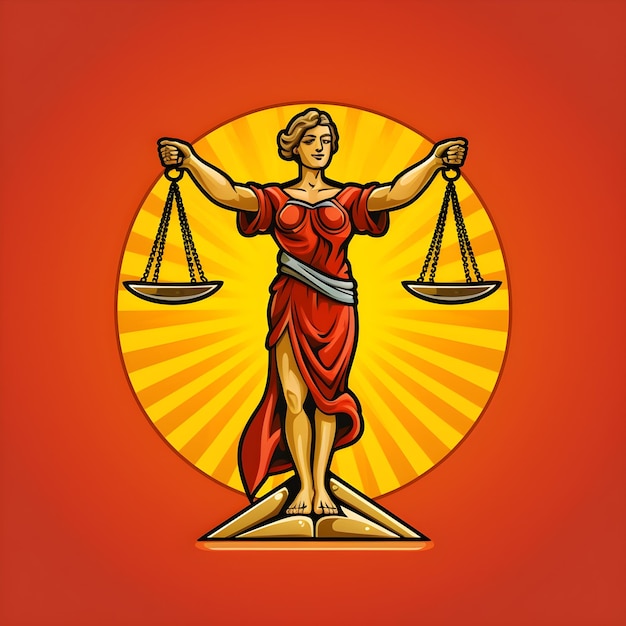 A lady justice statue with a red background