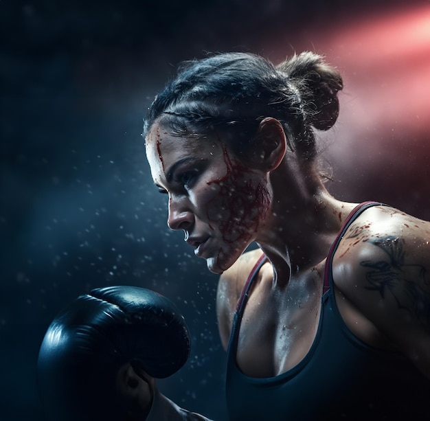 Lady kickboxer striking a heavy bag powerful impact