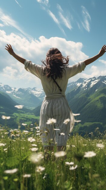 A lady leaps across the grass with her arms flailing generative ai