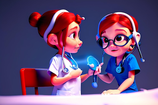 Lady nurse doctor listens to her patients heart with stethoscope the little child