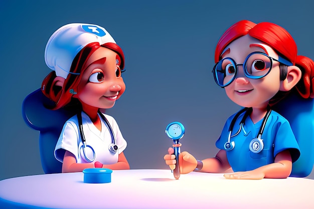 Lady nurse doctor listens to her patients heart with stethoscope the little child