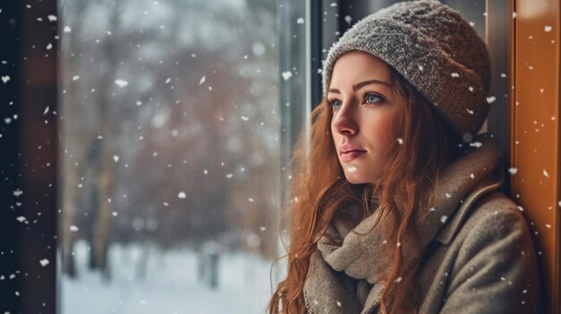 A lady observes the snowy outside from her window GENERATE AI