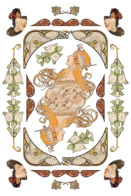 Lady and ornament art nouveau png set remixed from the artworks of Alphonse Maria Mucha