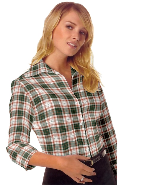 A lady photo with plaid dobby textured shirt