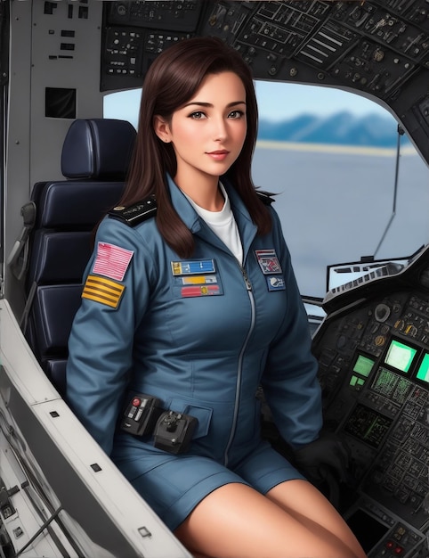 Foto immagine del pilota femminile nella cabina di pilotaggio generata utilizzando l'intelligenza artificiale