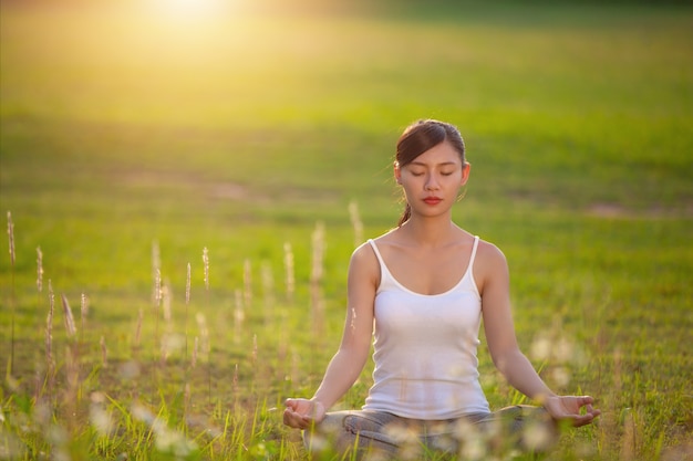 Леди практикует йогу в открытом парке, Медитация.
