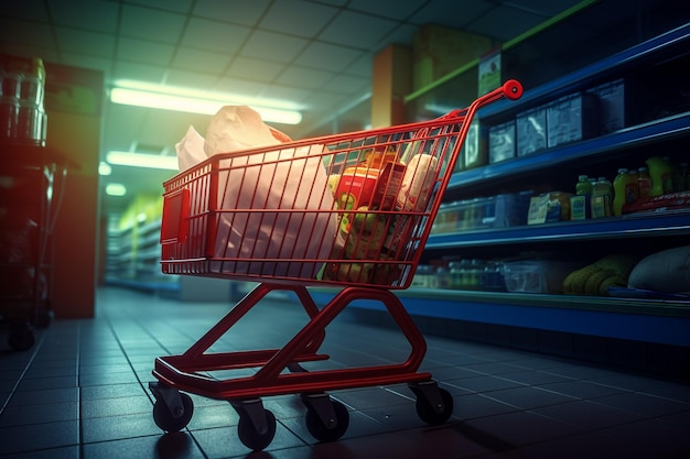 Lady pushing a shopping cart in the supermarket