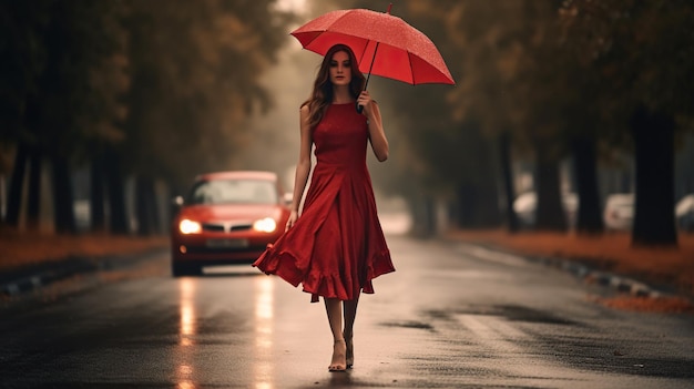 Lady in red coat walking on the road in the rain