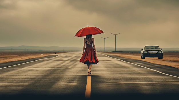 Lady in red coat walking on the road in the rain