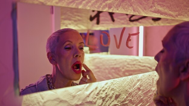 Фото Отражение леди, касающееся лица, губы в неоновой ванной комнате, близкое фото, слово 