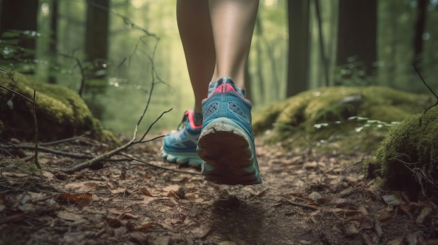 Lady Runner wandelen door bospad met close-up van hardloopschoenen