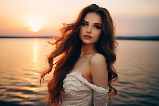 Photo a lady smiling at a beautiful sunset