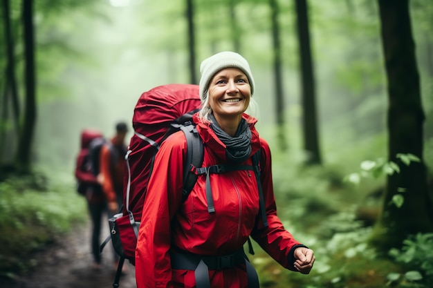 A lady smiling while hiking in scenic nature