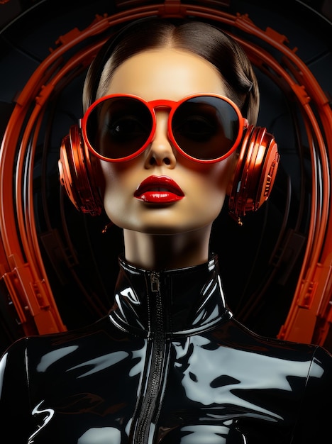 Lady in sunglasses and leather suit Portrait of elegant young woman