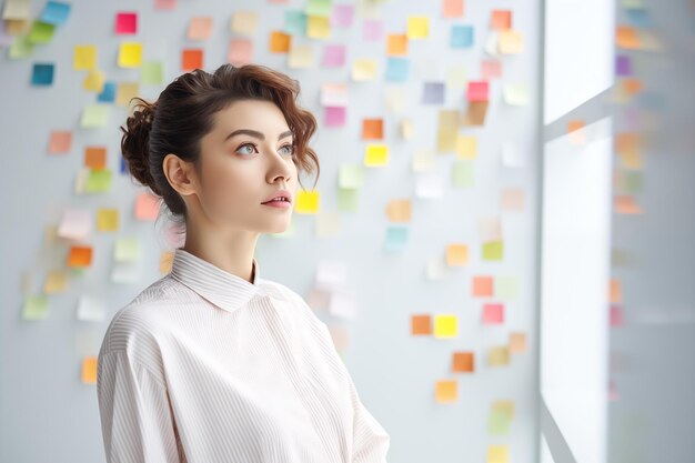 Lady thinking in front of the memo wall