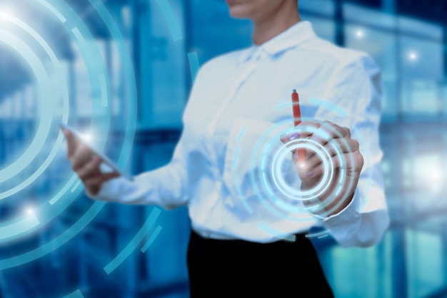 Lady In Uniform Side Standing Holding Tablet In Hand Virtually Typing On Screen Bussiness Woman Carrying Tab Writing New Futuristic Technologies