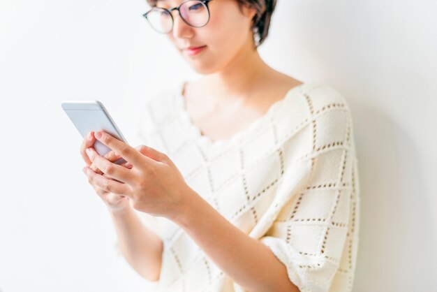 Lady Using Cellphone Smiling Concept