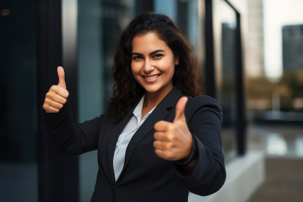 A lady wear business suit giving a thumbs up