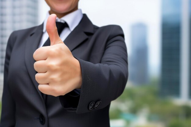 A lady wear business suit giving a thumbs up