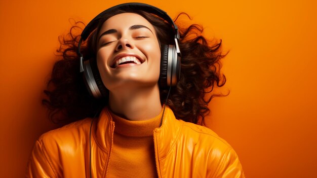 Lady wearing headphones portrait on isolated orange background