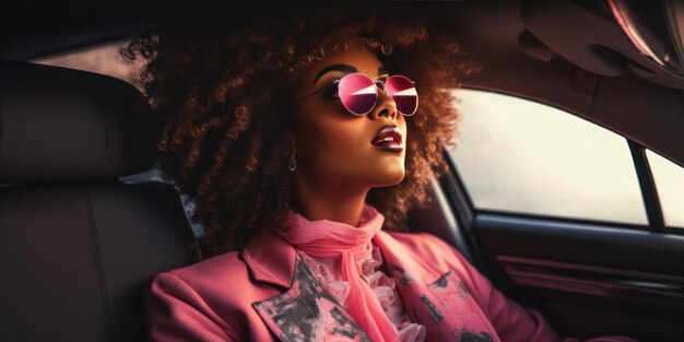 車内でピンクのサングラスをかぶった女性ジェネレーティブAI