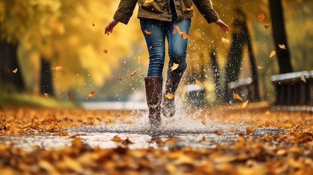 Signora che indossa stivali flessibili da pioggia che passeggiano correndo e rimbalzando nella pozzanghera con spruzzi d'acqua e gocce durante la pioggia in negozio risorsa creativa ai generata