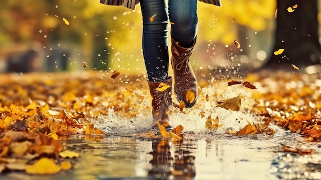 Lady wearing rain versatile boots strolling running and bouncing into puddle with water sprinkle and drops in collect time rain AI Generated