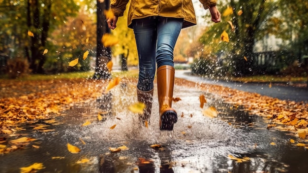 Lady wearing rain versatile boots strolling running and bouncing into puddle with water sprinkle and drops in collect time rain AI Generated