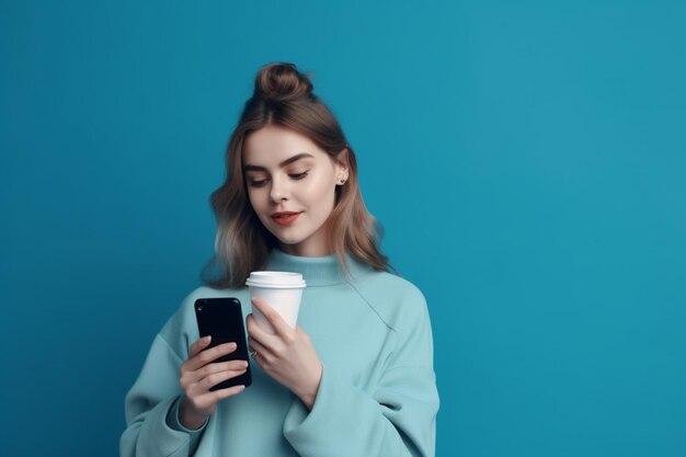 Lady with coffee and smartphone on blue background