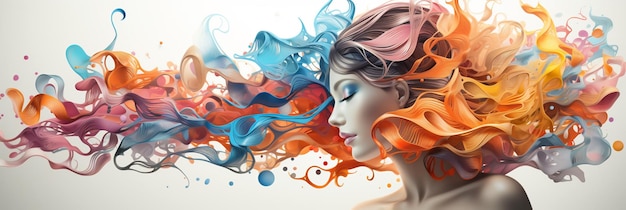 A lady with colorful hair wide background showing the creative thinking of the brain in conceptually