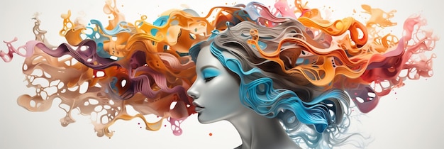 A lady with colorful wavy hair showing the beauty of cretive thinking in white background