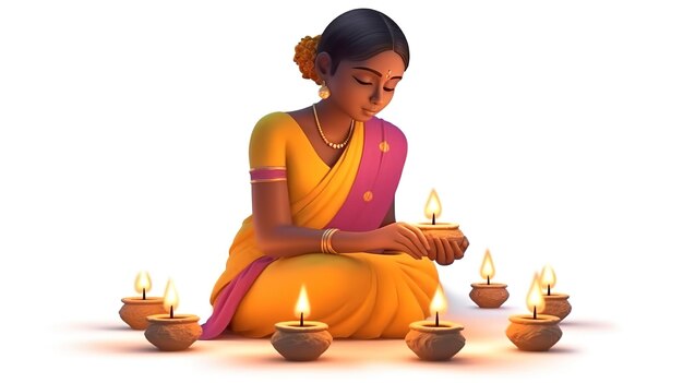 Photo lady with diwali diya for happy diwali generative ai